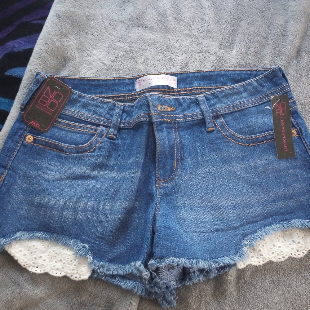 No Boundaries Blue Jean Shorts with Frayed Hem